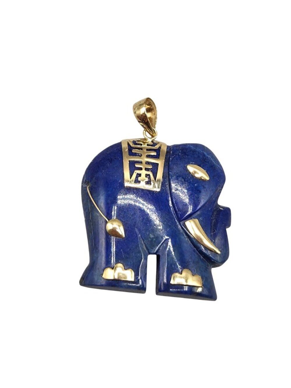 Chinese Lapis Lazuli Elephant Pendant 14K Gold Accents 585 Marked 6 Grams
